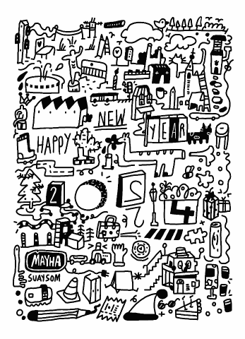 a short GIF Wimmelbild, Happy New Year greeting card in Black and white, Doodle style