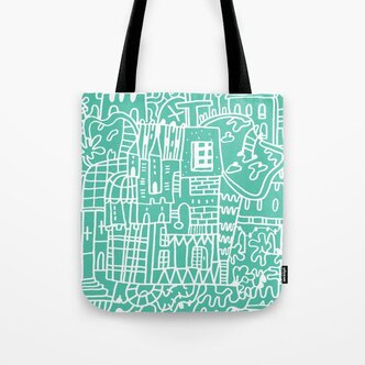Doodle Crazy House Village Urban Space Architecture Colorful illustration Green Mint 7 Tote Bag