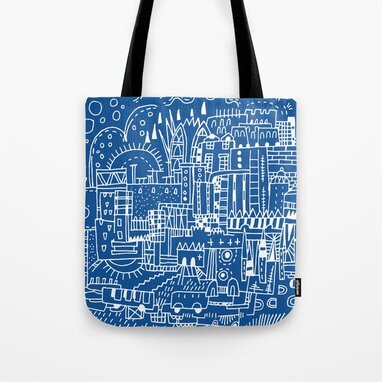 Doodle Crazy House Village Urban Space Architecture Colorful illustration Navy Blue White 9 Tote Bag